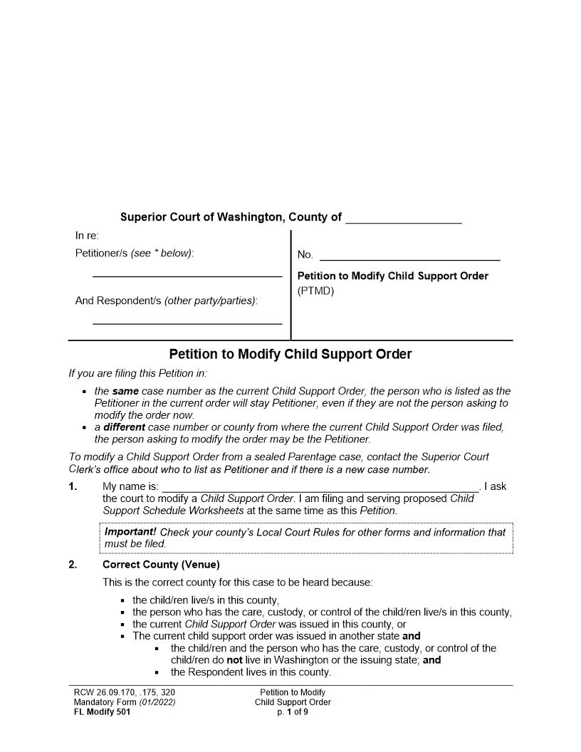 Petition To Modify Child Support Order {501} | Pdf Fpdf Doc Docx | Washington