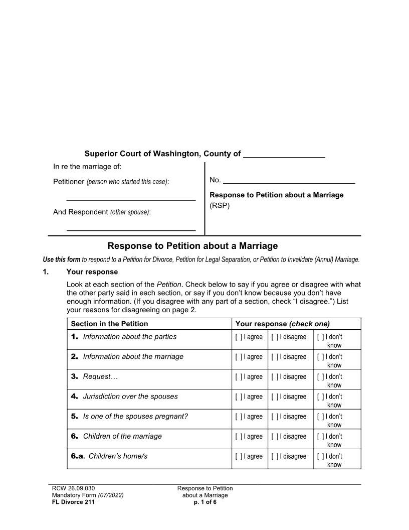 Response To Petition About A Marriage {211} | Pdf Fpdf Docx | Washington