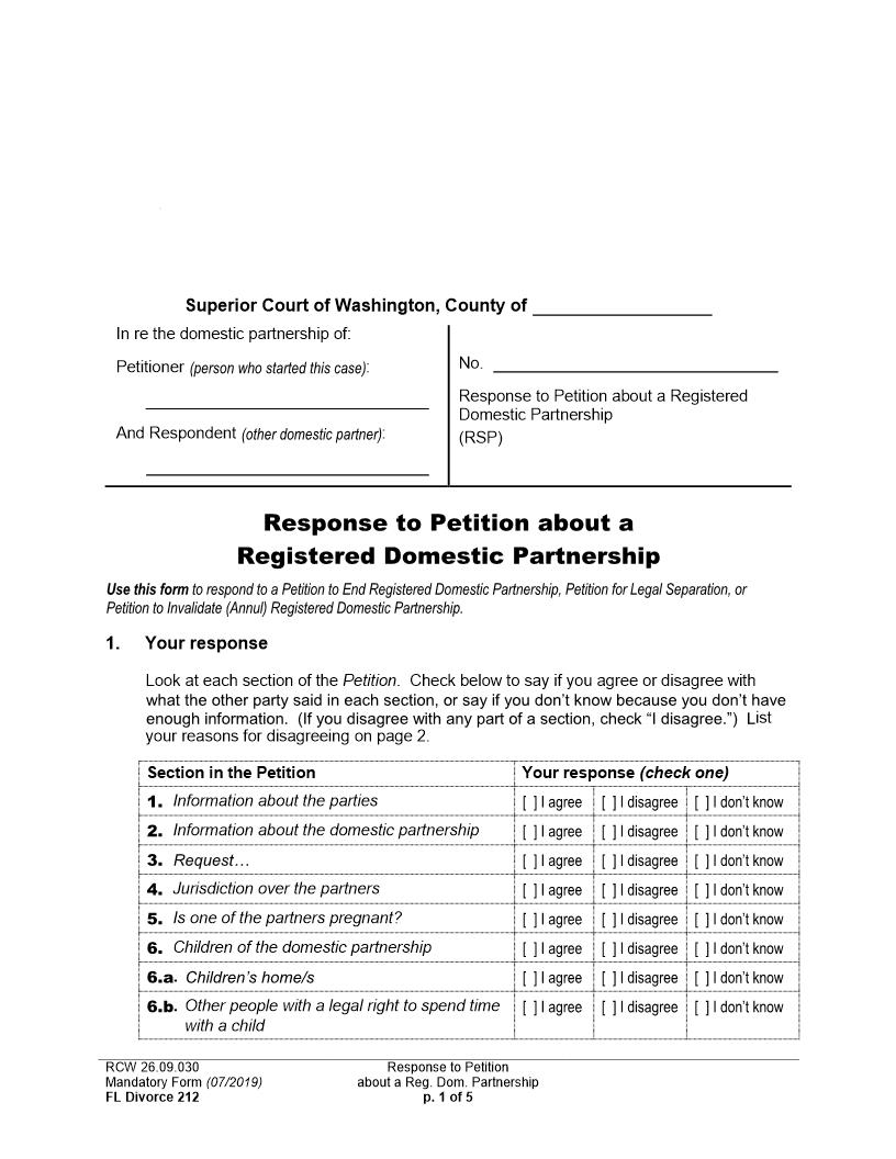 Response To Petition About A Registered Domestic Partnership {212} | Pdf Fpdf Docx | Washington