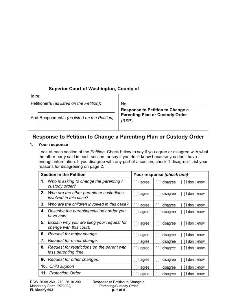 Response To Petition To Change A Parenting Plan {602} | Pdf Fpdf Docx | Washington