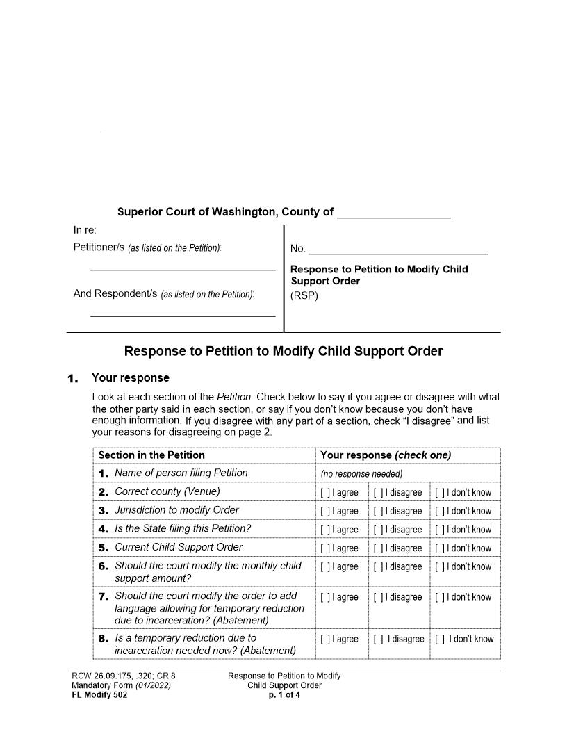 Response To Petition To Modify Child Support Order {502} | Pdf Fpdf Doc Docx | Washington