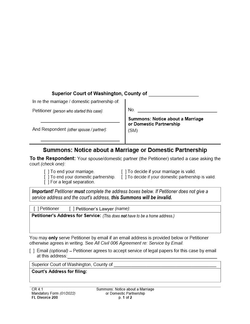 Summons Notice About A Marriage Or Domestic Partnership {200} | Pdf Fpdf Doc Docx | Washington