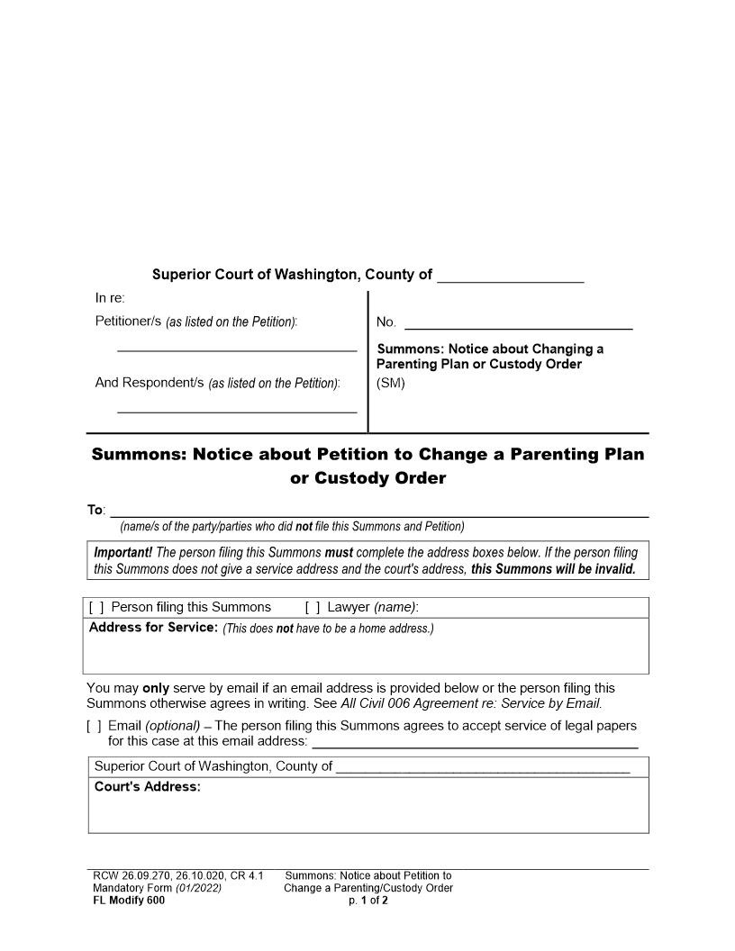 Summons Notice About Petition To Change A Parenting Plan {600} | Pdf Fpdf Doc Docx | Washington