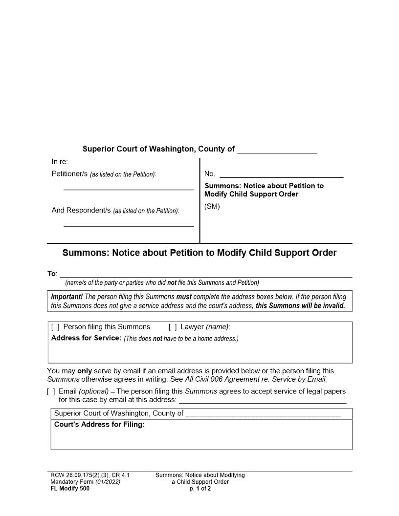 Summons Notice About Petition To Modify Child Suport Order {500} | Pdf Fpdf Doc Docx | Washington