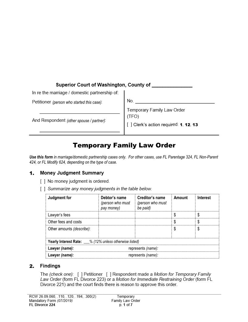 Temporary Family Law Order {224} | Pdf Fpdf Docx | Washington
