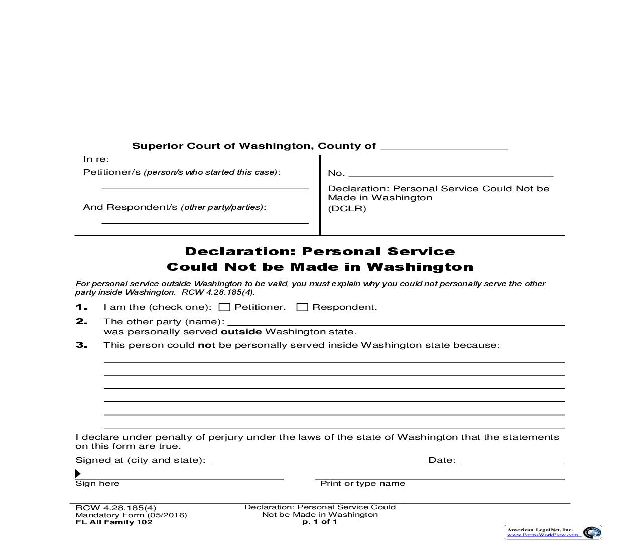 Declaration Personal Service Could Not Be Made In Washington {102} | Pdf Fpdf Doc Docx | Washington