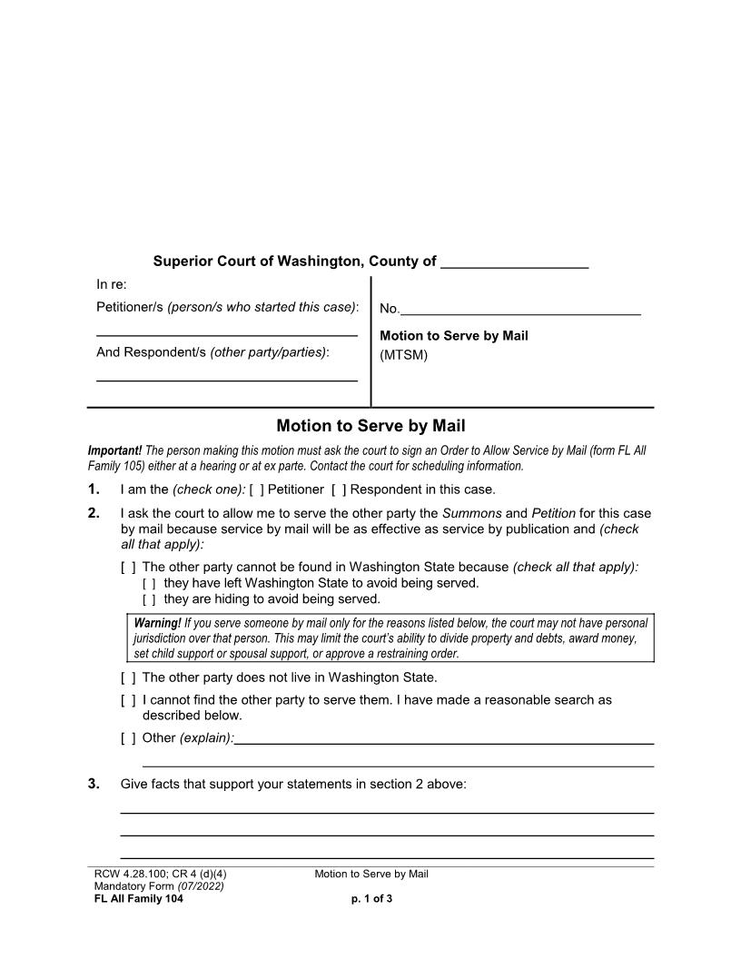 Motion To Serve By Mail {104} | Pdf Fpdf Doc Docx | Washington