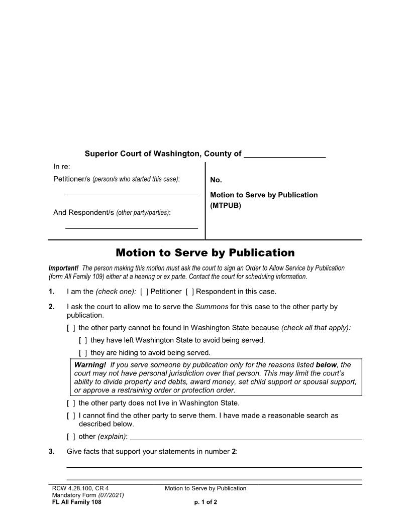 Motion To Serve Publication {108} | Pdf Fpdf Doc Docx | Washington