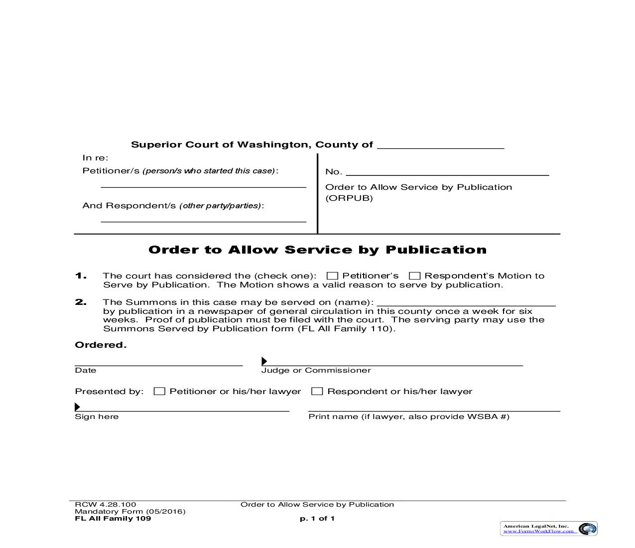 Order To Allow Service By Publication {109} | Pdf Fpdf Doc Docx | Washington