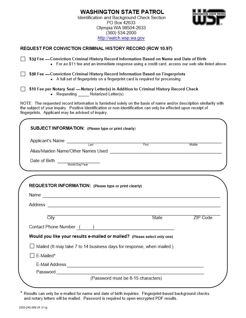 Request For Conviction Criminal History Record | Pdf Fpdf Docx | Washington