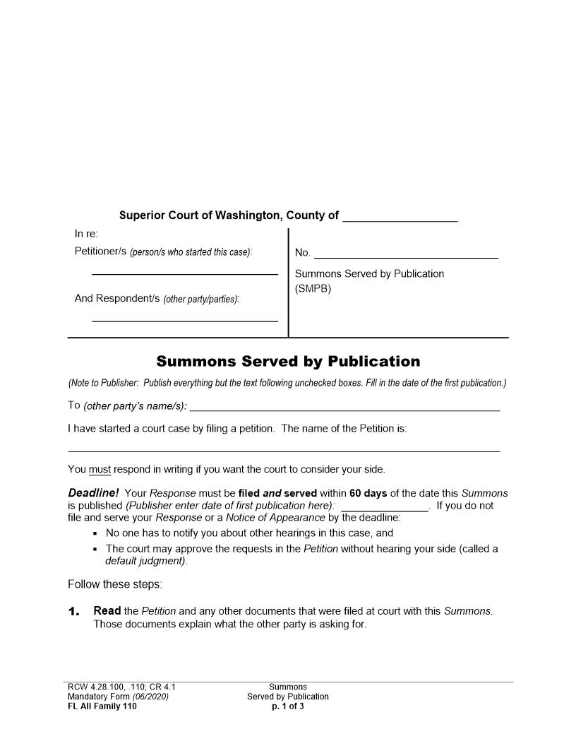 Summons Served By Publication {110} | Pdf Fpdf Doc Docx | Washington
