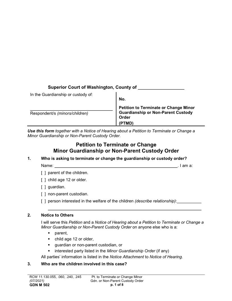 Petition To Terminate Change Minor Guardianship Non Parent Custody {GDN M 502} | Pdf Fpdf Docx | Washington