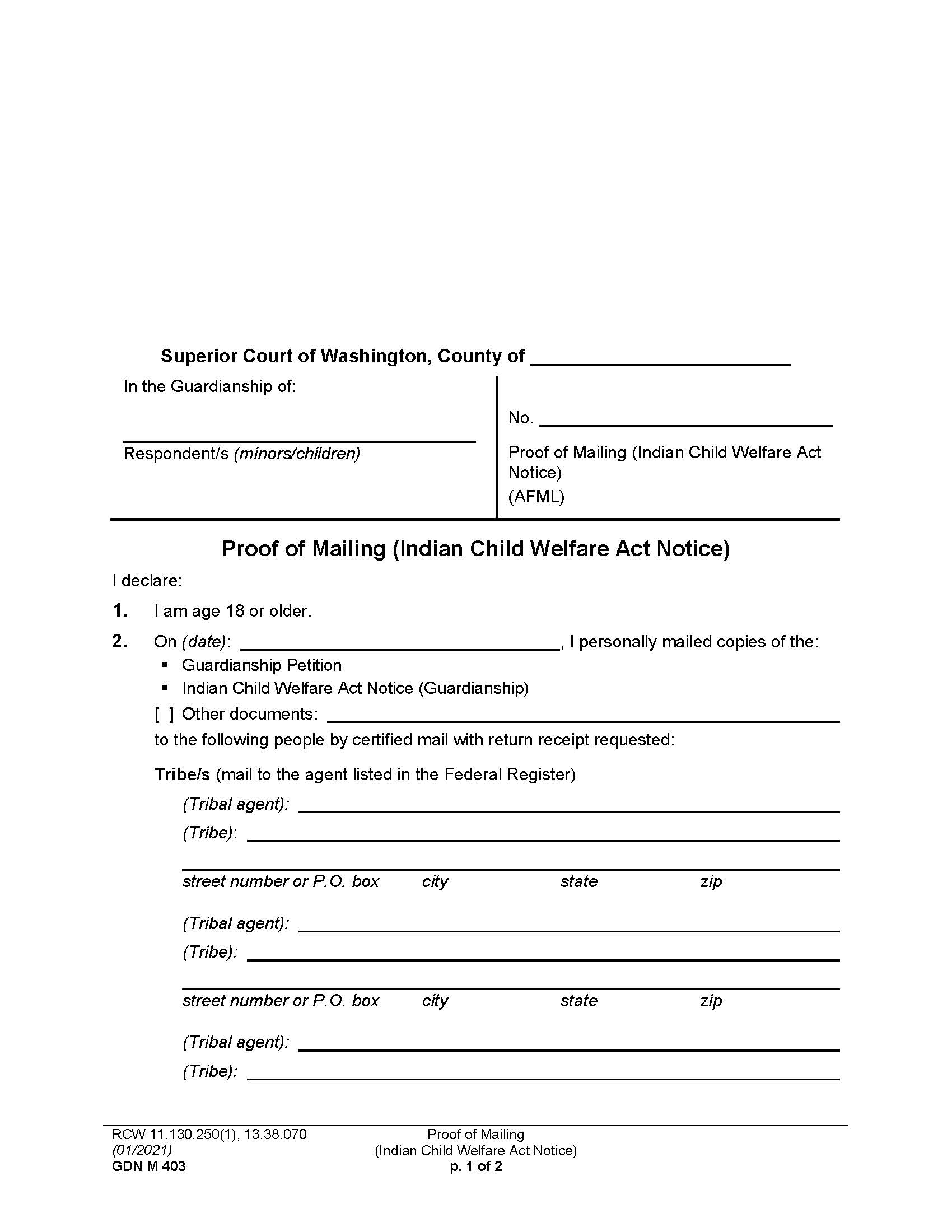 Proof Of Mailing Indian Child Welfare Act Notice {GDN M 403} | Pdf Fpdf Doc Docx | Washington
