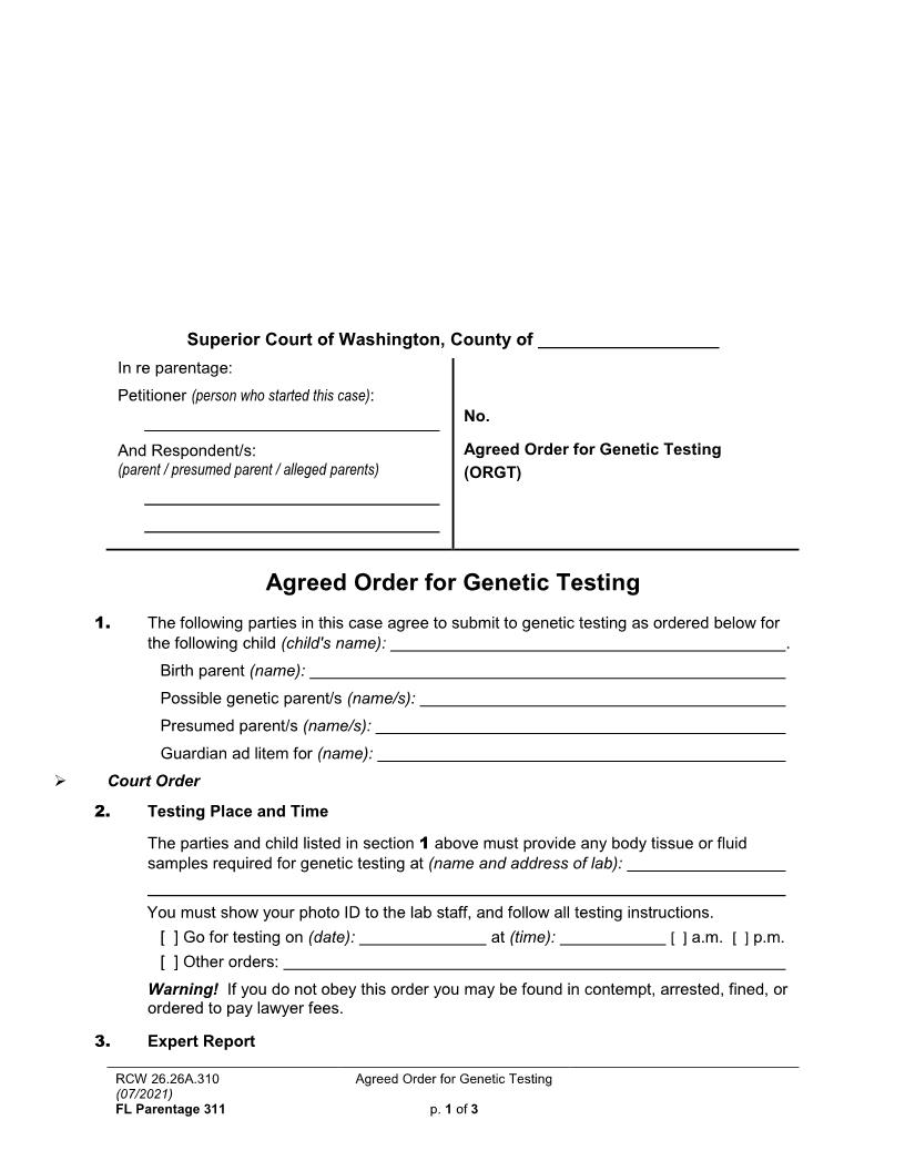 Agreed Order For Genetic Testing {Parentage 311} | Pdf Fpdf Doc Docx | Washington