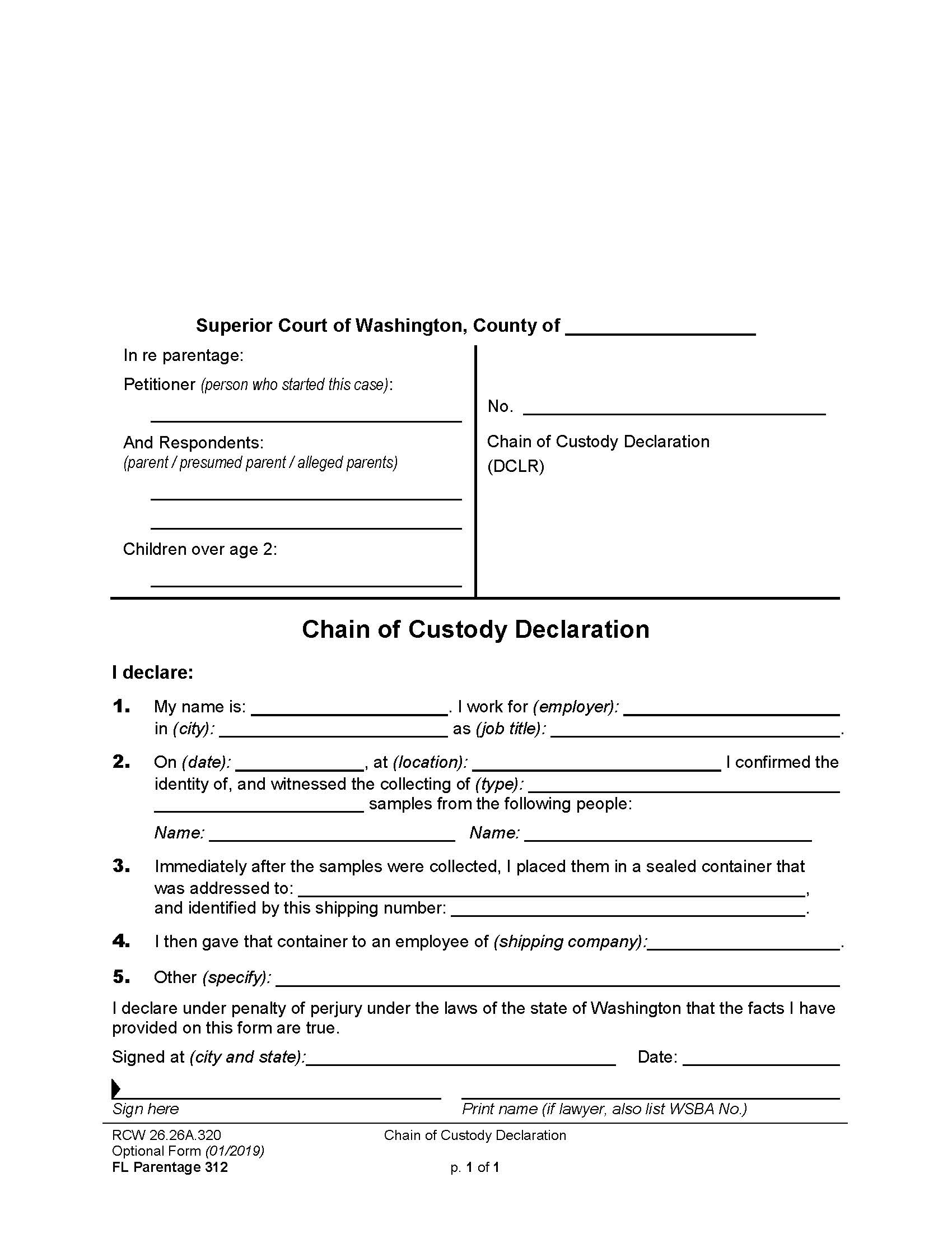 Chain Of Custody Declaration {Parentage 312} | Pdf Fpdf Doc Docx | Washington