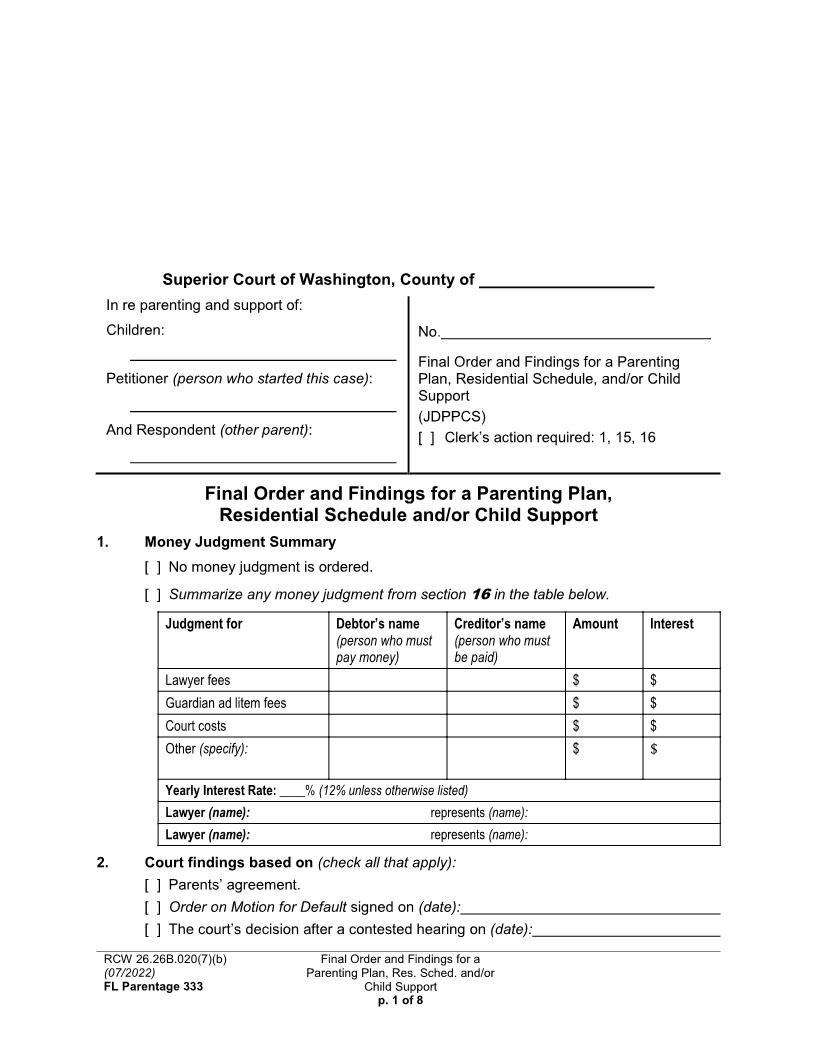 Final Order And Findings For A Parenting Plan {Parentage 333} | Pdf Fpdf Doc Docx | Washington