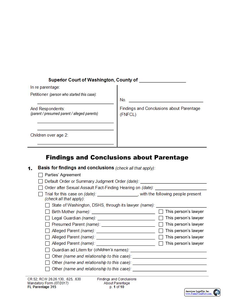 Findings And Conclusions About Parentage {Parentage 315} | Pdf Fpdf Docx | Washington