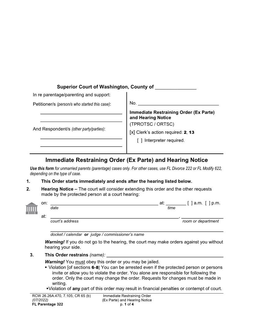 Immediate Restraining Order Ex Parte And Hearing Notice {Parentage 322} | Pdf Fpdf Docx | Washington