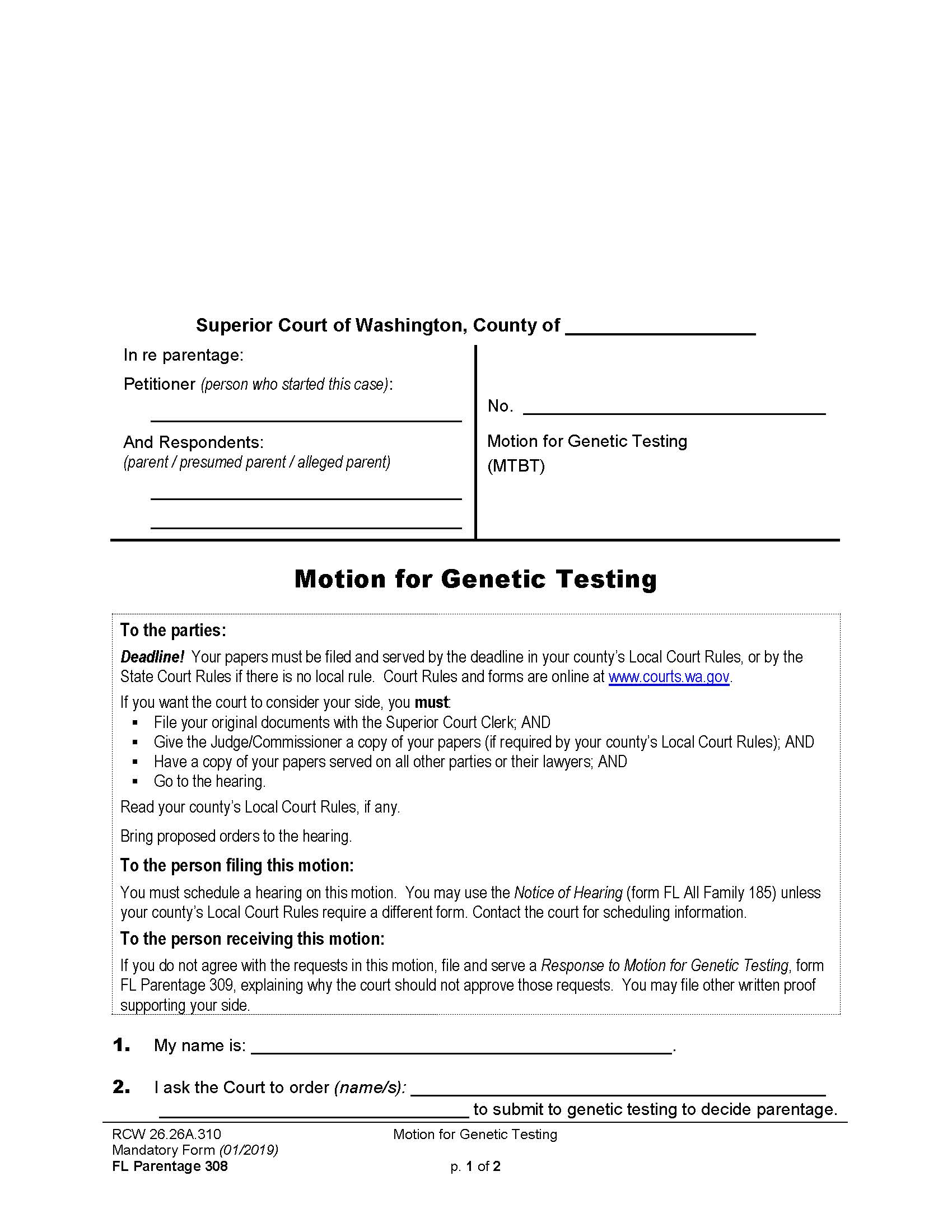 Motion For Genetic Testing {Parentage 308} | Pdf Fpdf Docx | Washington