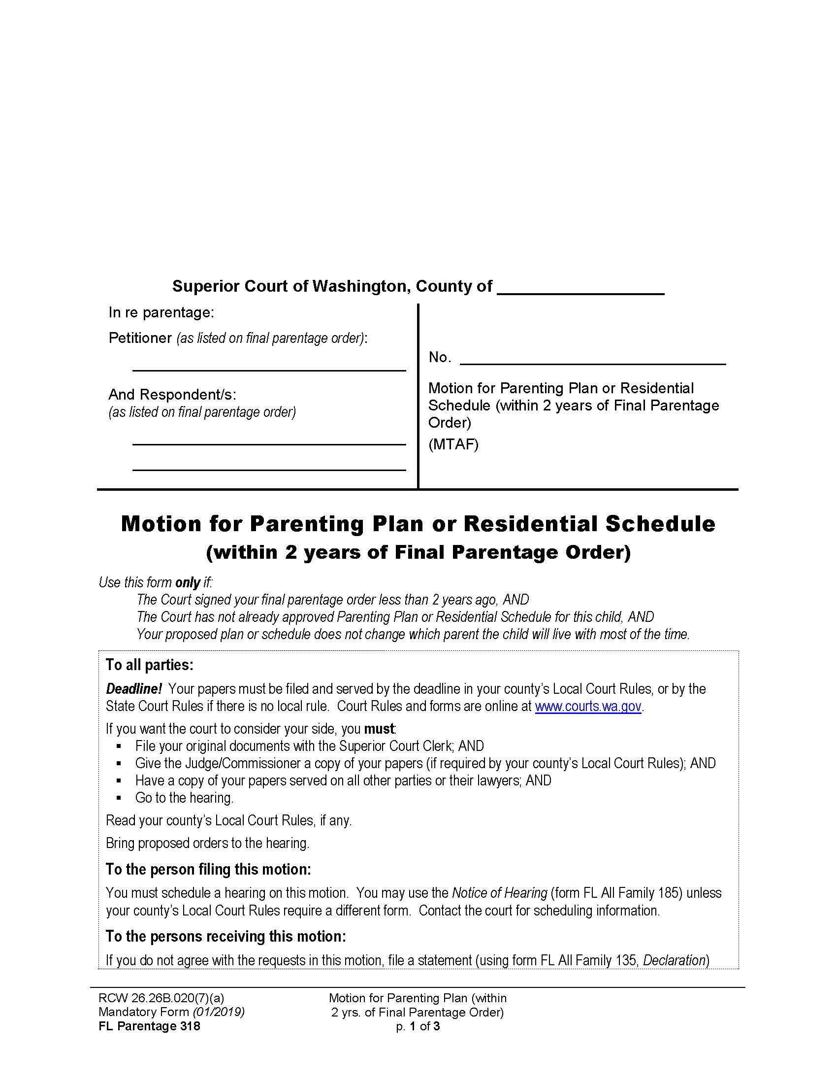 Motion For Parenting Plan Or Residential Schedule {Parentage 318} | Pdf Fpdf Docx | Washington