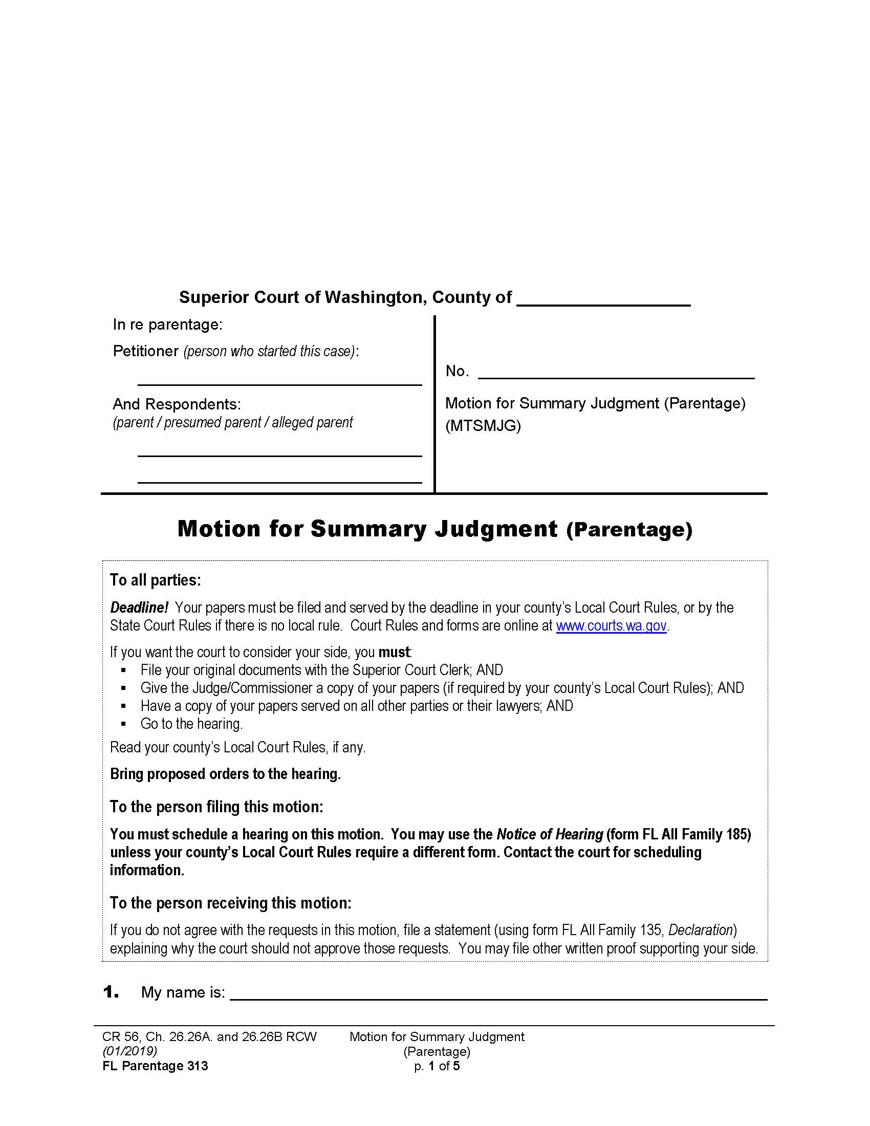 Motion For Summary Judgment Parentage {Parentage 313} | Pdf Fpdf Doc Docx | Washington