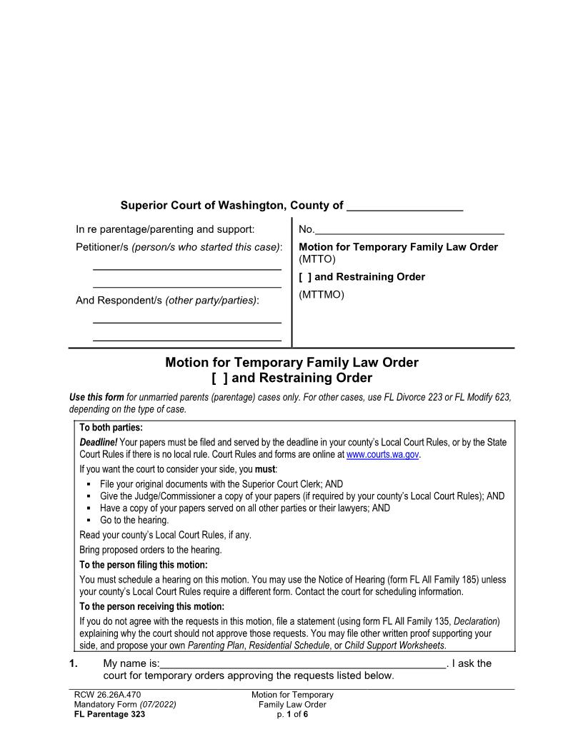 Motion For Temporary Family Law Order {Parentage 323} | Pdf Fpdf Docx | Washington