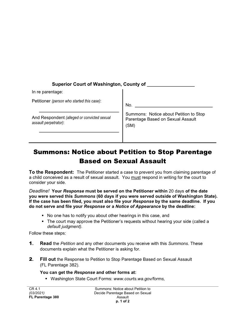 Notice about Petition to Stop Parentage Based on Sexual Assault {Parentage 380} | Pdf Fpdf Docx | Washington