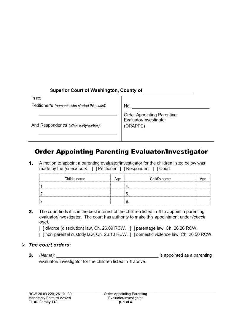 Order Appointing Parenting Evaluator Investigator {148} | Pdf Fpdf Docx | Washington