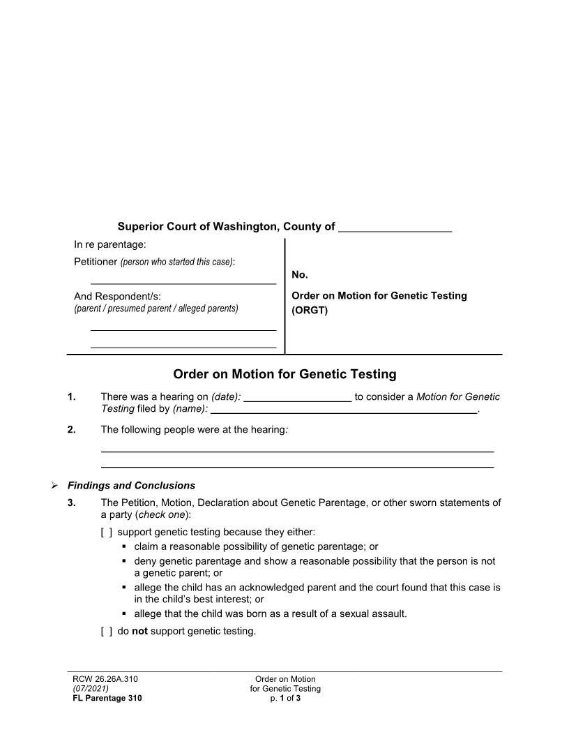 Order On Motion For Genetic Testing {Parentage 310} | Pdf Fpdf Docx | Washington