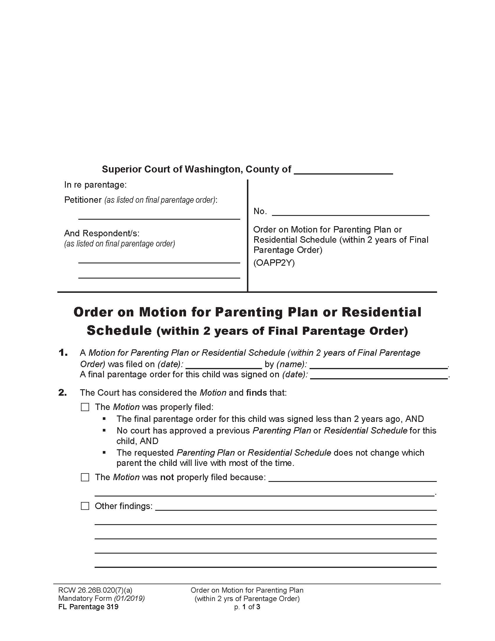 Order On Motion For Parenting Plan Or Residential Schedule {Parentage 319} | Pdf Fpdf Docx | Washington