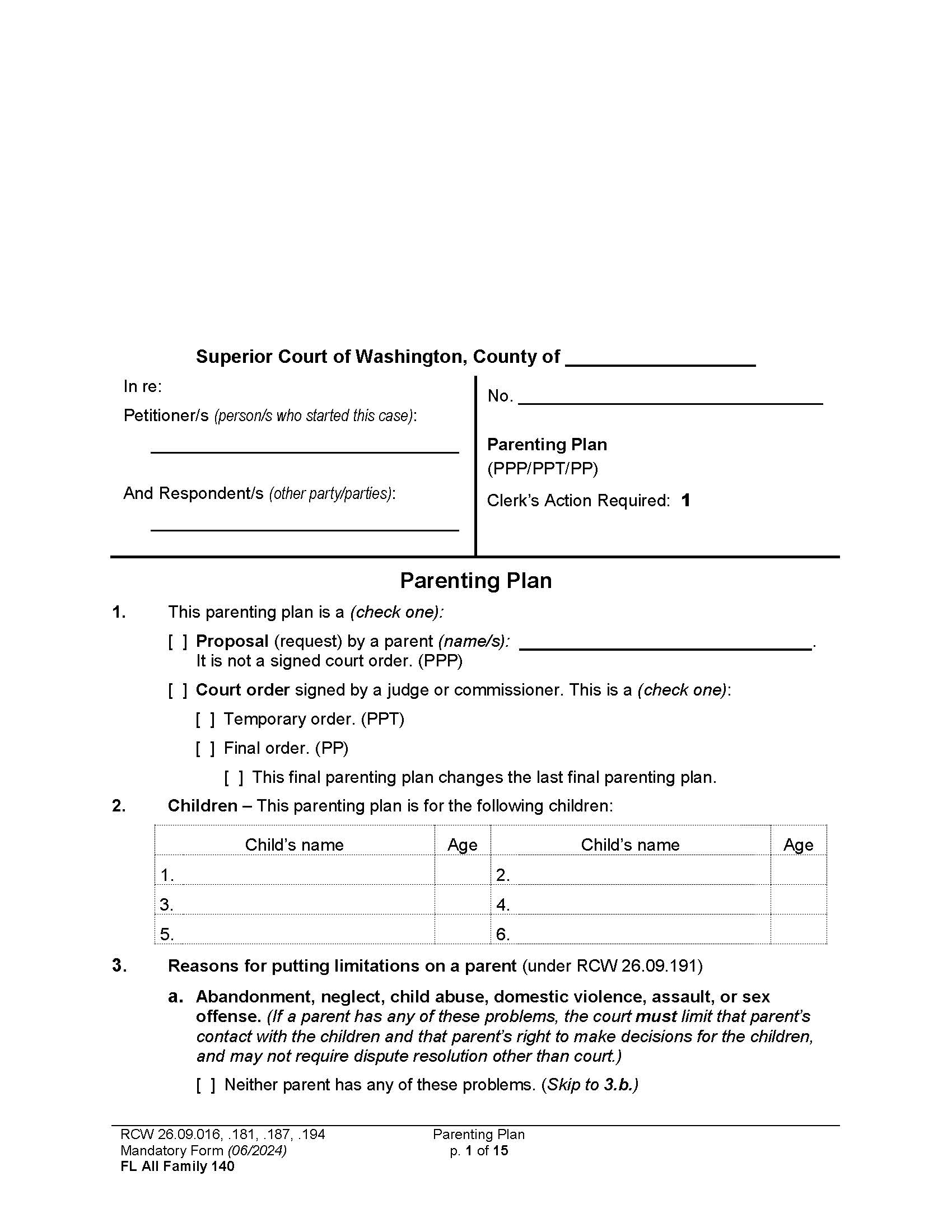 Parenting Plan {140} | Pdf Fpdf Docx | Washington