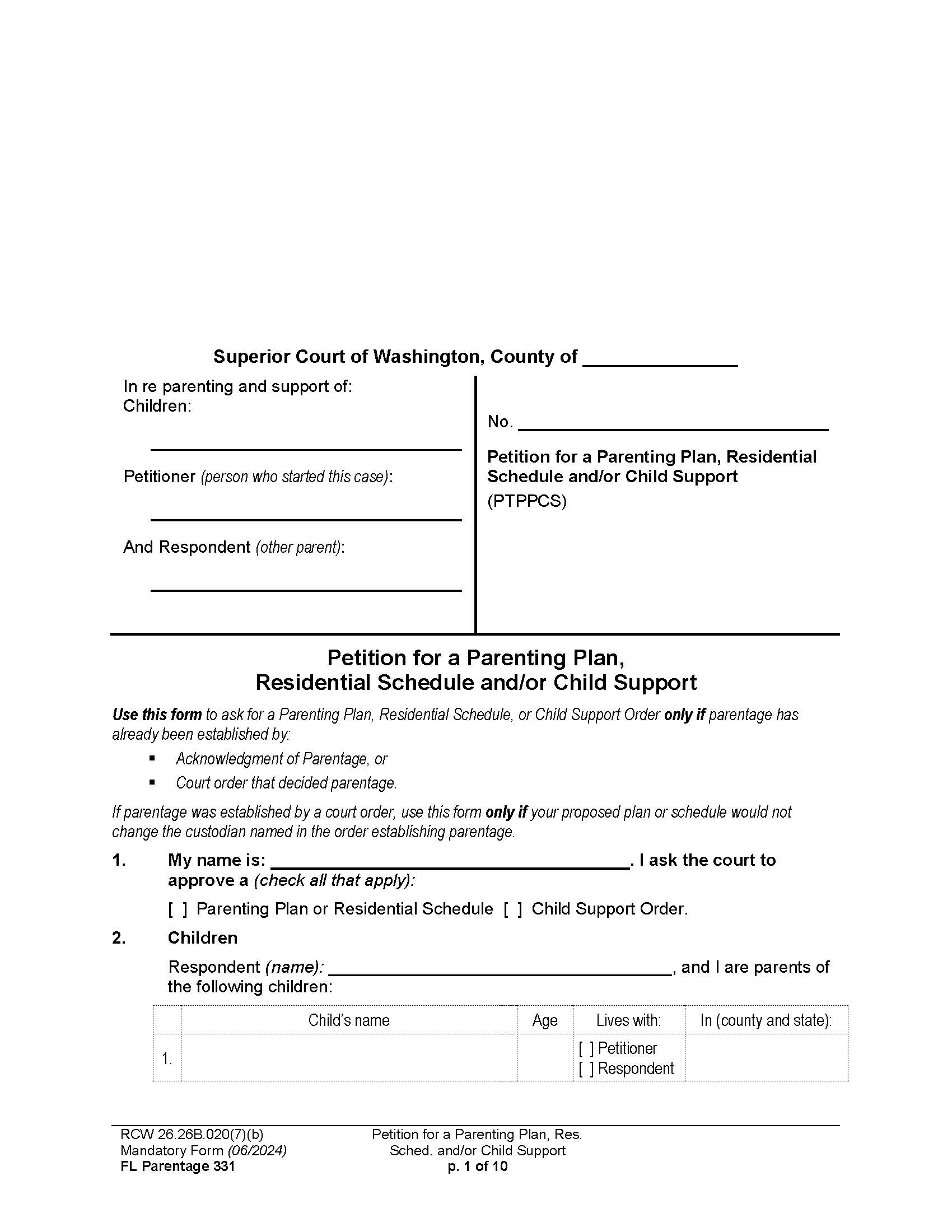 Petition For A Parenting Plan {Parentage 331} | Pdf Fpdf Docx | Washington