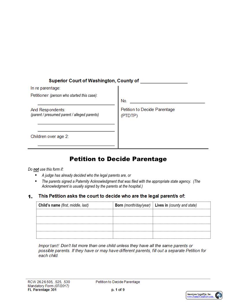 Petition To Decide Parentage {Parentage 301} | Pdf Fpdf Docx | Washington