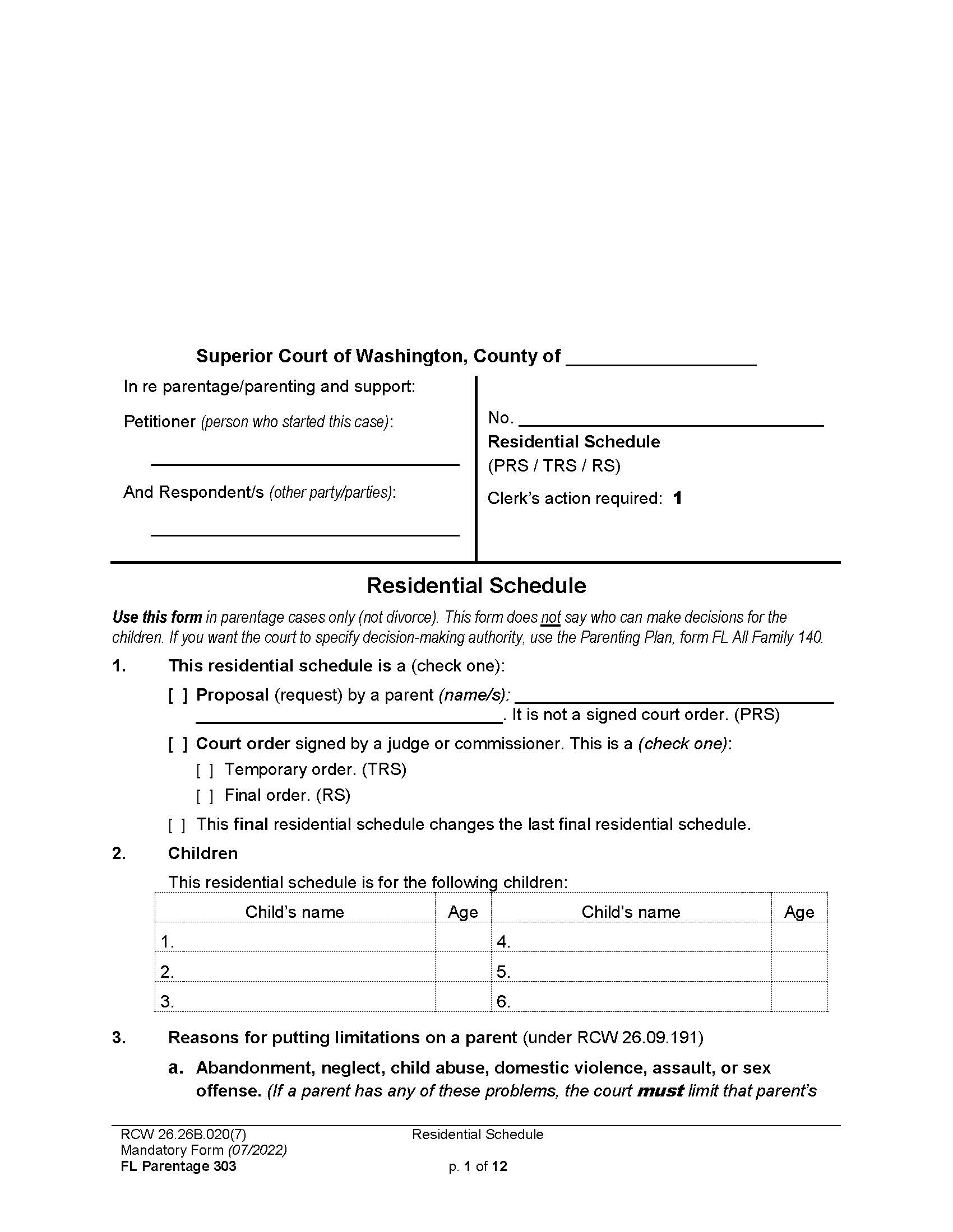 Residential Schedule {Parentage 303} | Pdf Fpdf Docx | Washington