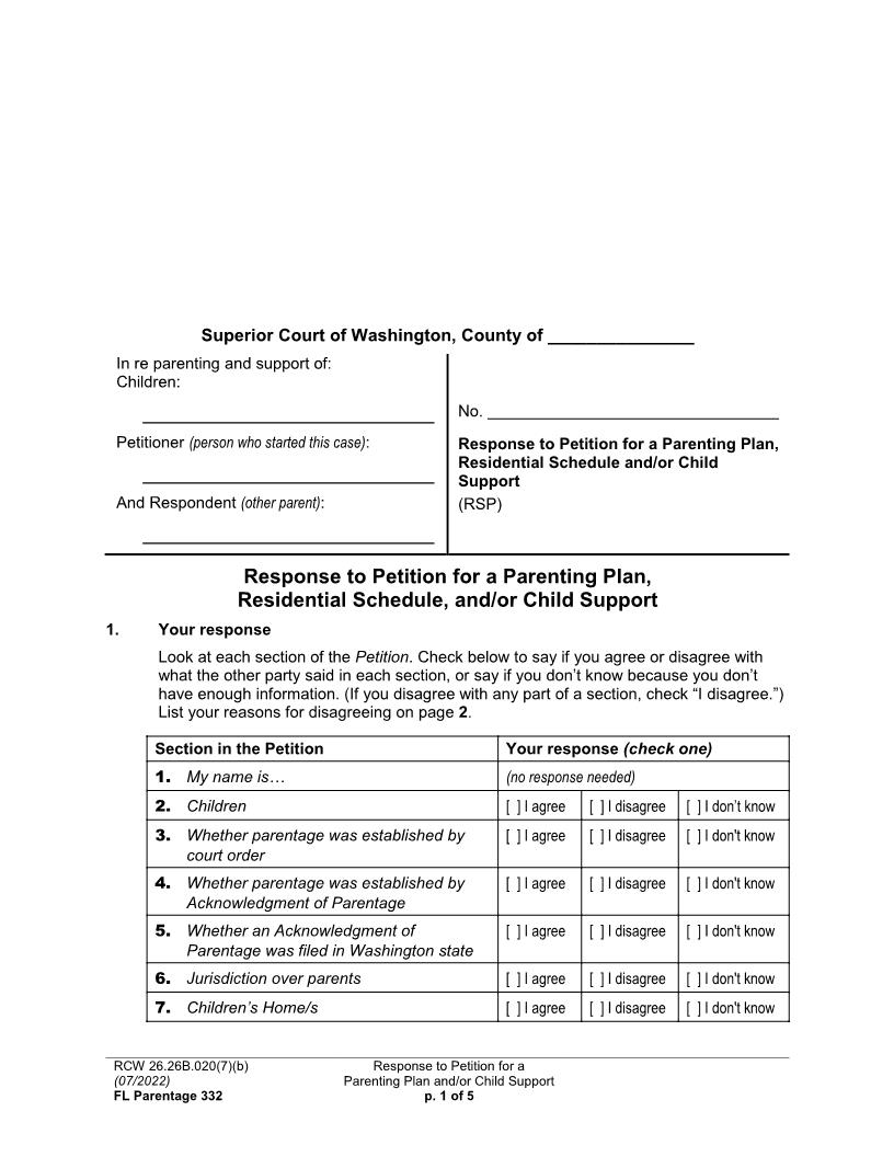 Response To Petition For A Parenting Plan {Parentage 332} | Pdf Fpdf Docx | Washington
