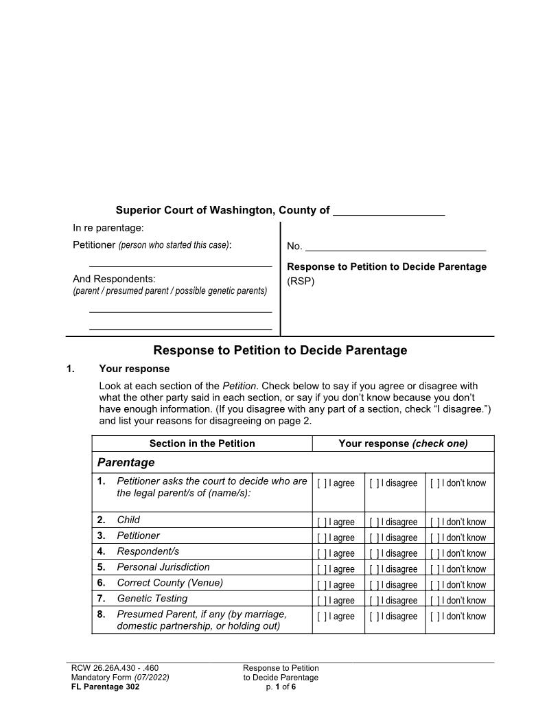 Response To Petition To Decide Parentage {Parentage 302} | Pdf Fpdf Docx | Washington