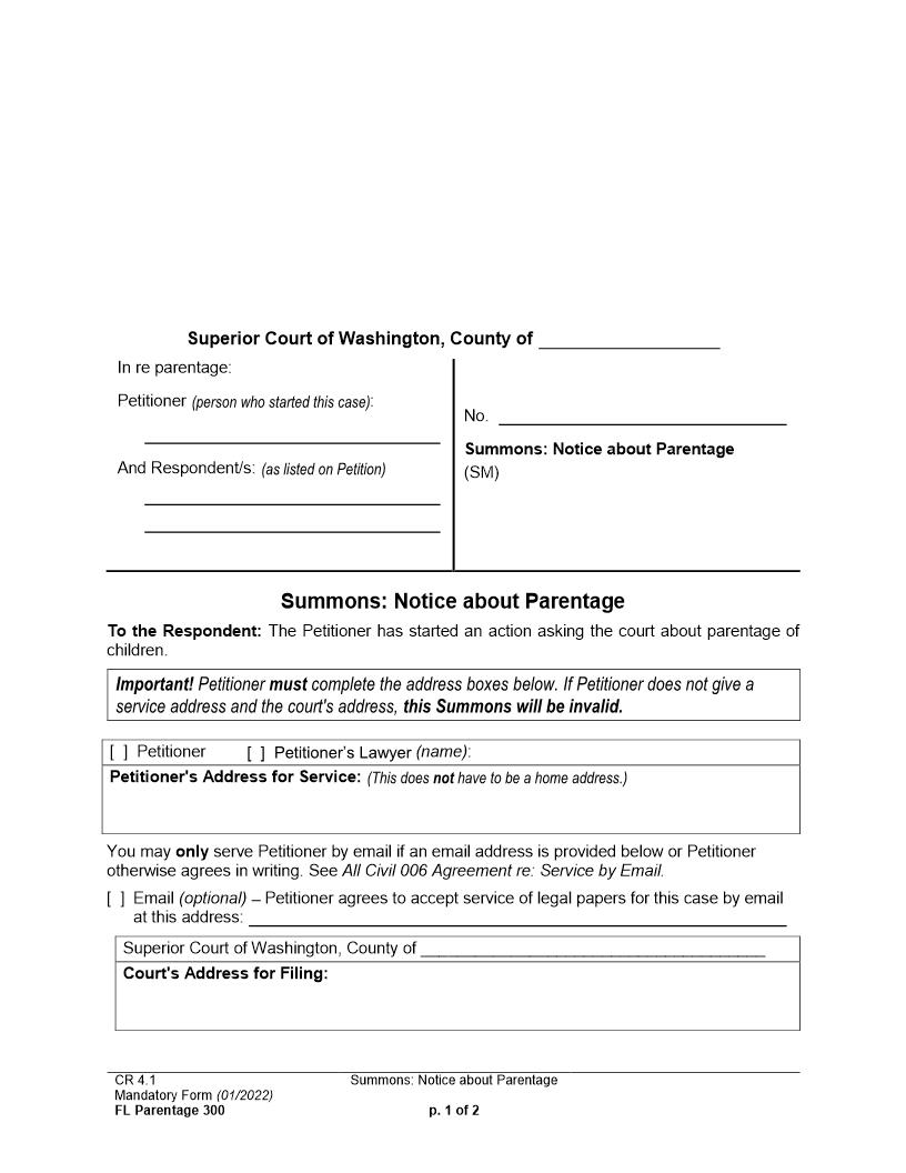 Summons Notice About Parentage {Parentage 300} | Pdf Fpdf Doc Docx | Washington