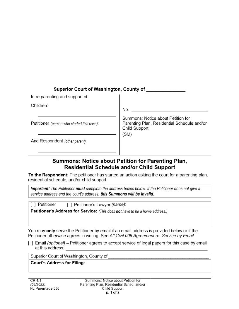 Summons Notice About Petition For Parenting Plan {Parentage 330} | Pdf Fpdf Doc Docx | Washington