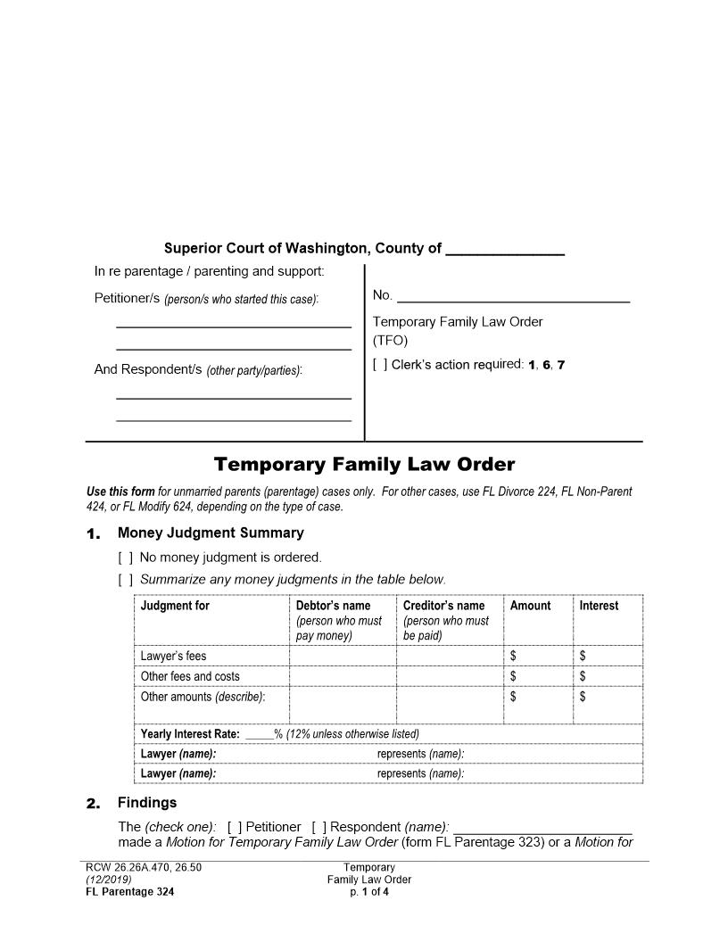 Temporary Family Law Order {Parentage 324} | Pdf Fpdf Docx | Washington