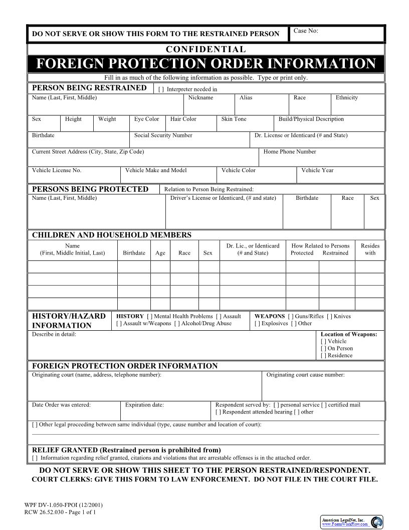 Foreign Protection Order Information {DV 1.050} | Pdf Fpdf Docx | Washington