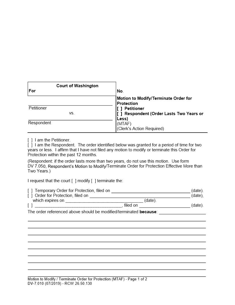 Motion To Modify Terminate Order For Protection {DV 7.010} | Pdf Fpdf Doc Docx | Washington