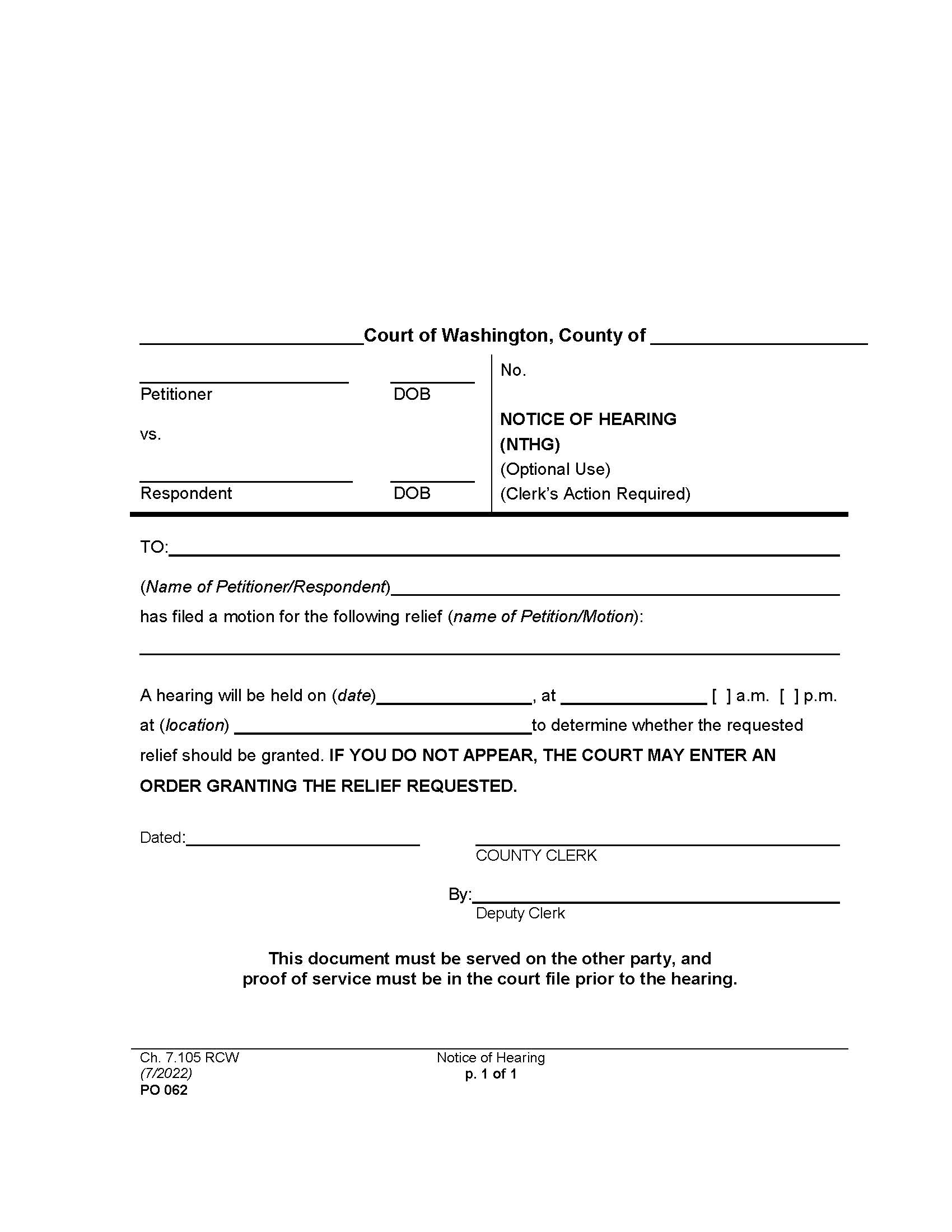 Notice Of Hearing {PO 062} | Pdf Fpdf Doc Docx | Washington