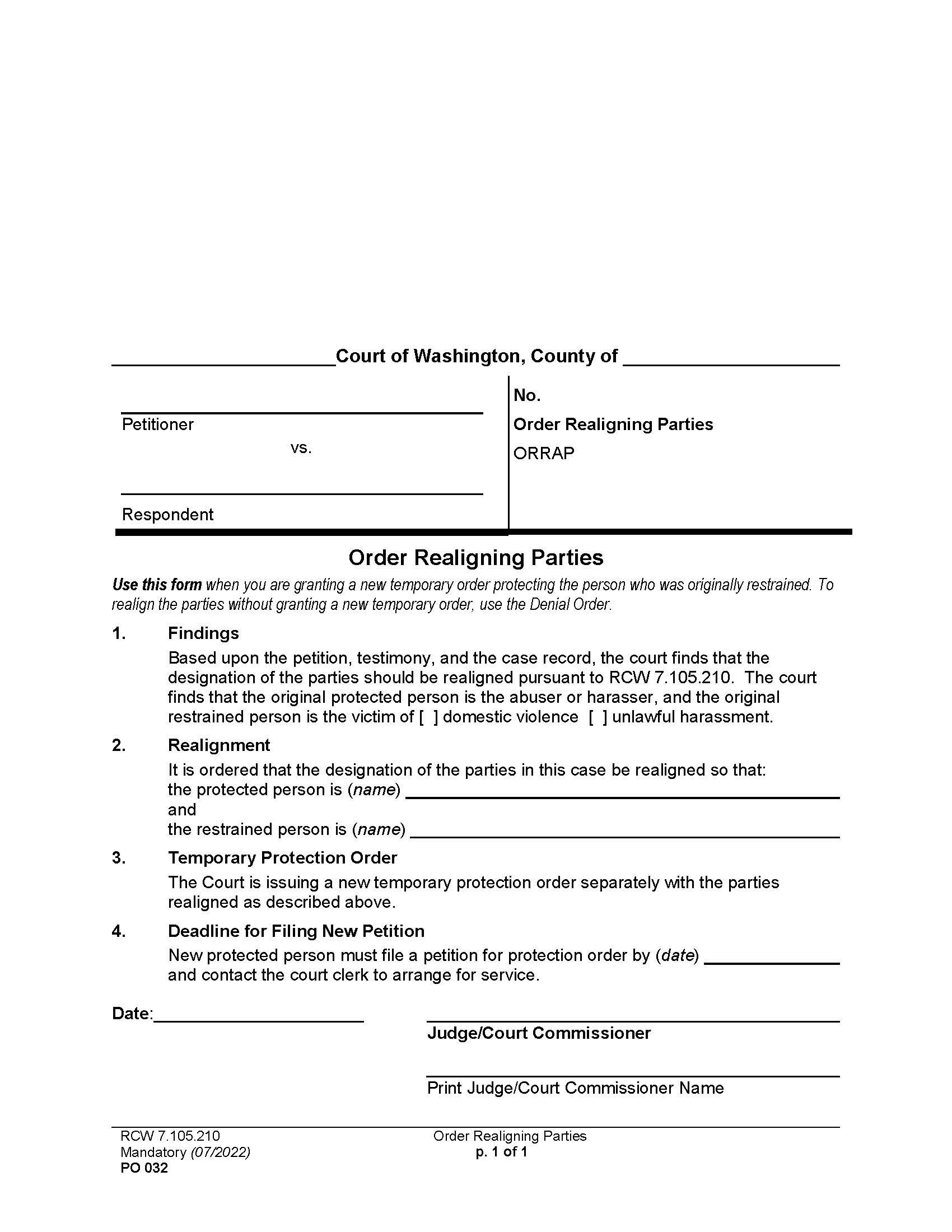 Order Realigning Parties {PO 032} | Pdf Fpdf Doc Docx | Washington