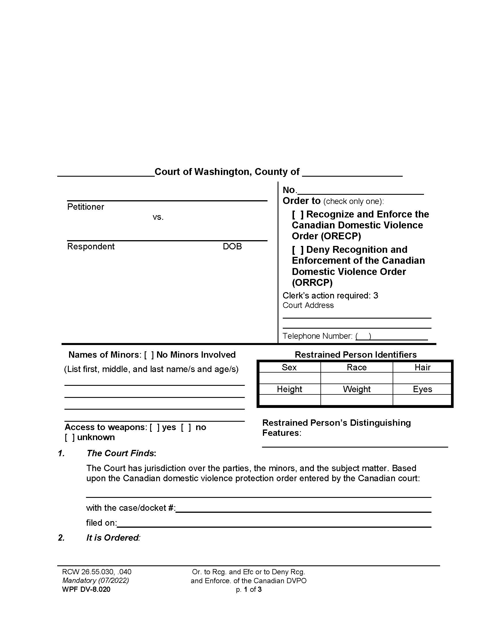 Order To Enforce Deny Canadian DV Order {DV-8.020} | Pdf Fpdf Docx | Washington