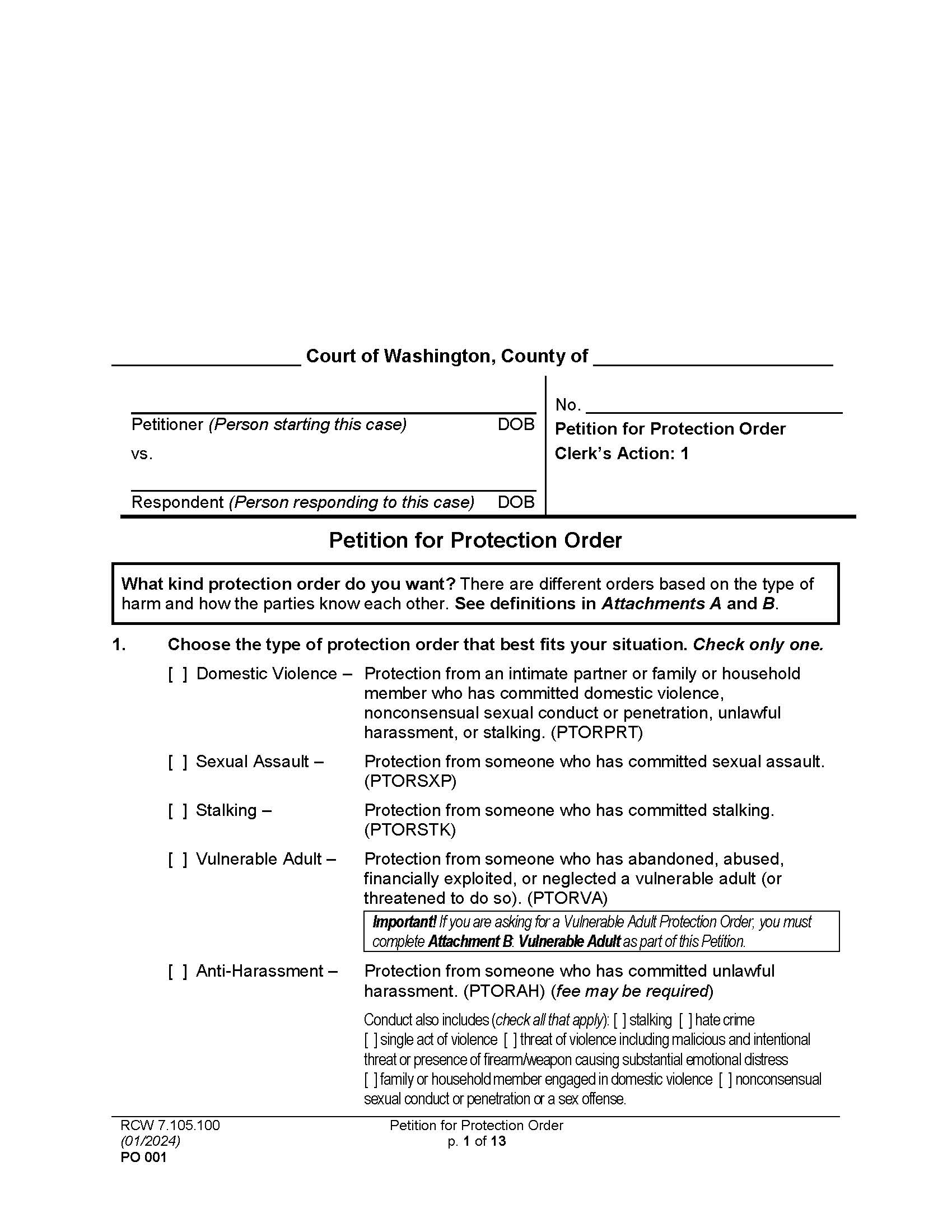 Petition For Protection Order {PO 001} | Pdf Fpdf Doc Docx | Washington