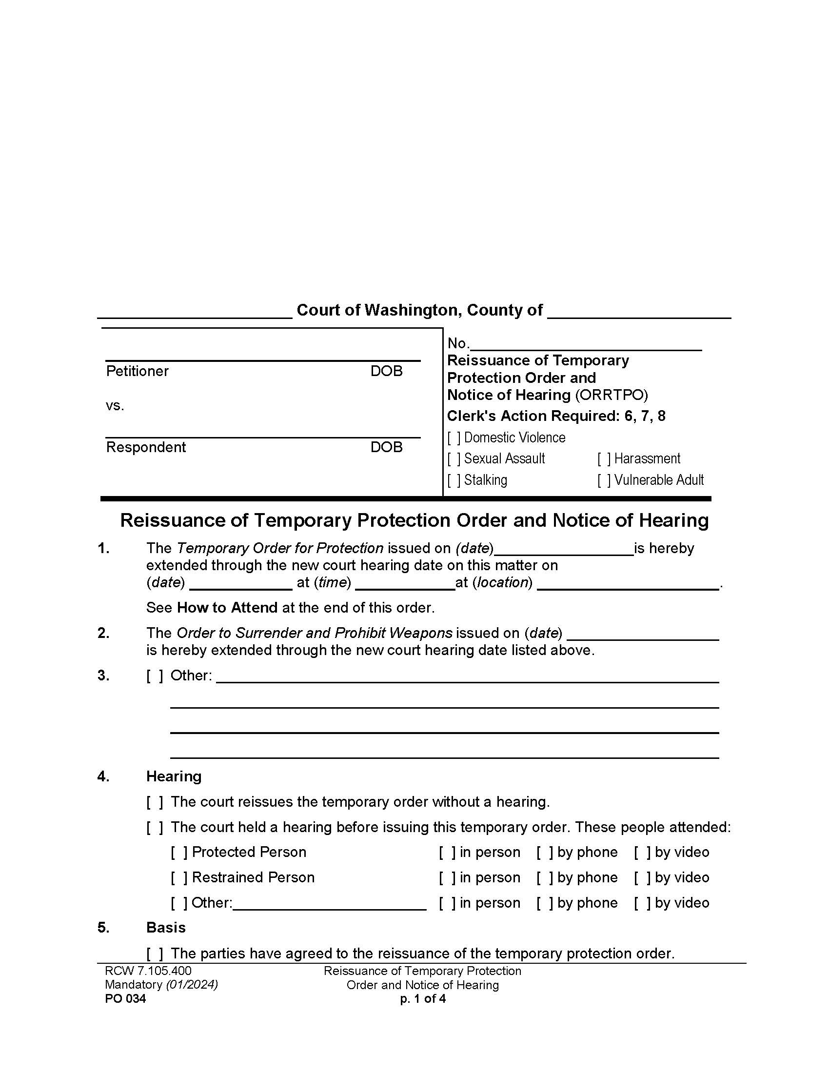 Reissuance Of Temporary Order For Protection And Notice Of Hearing {PO 034} | Pdf Fpdf Doc Docx | Washington