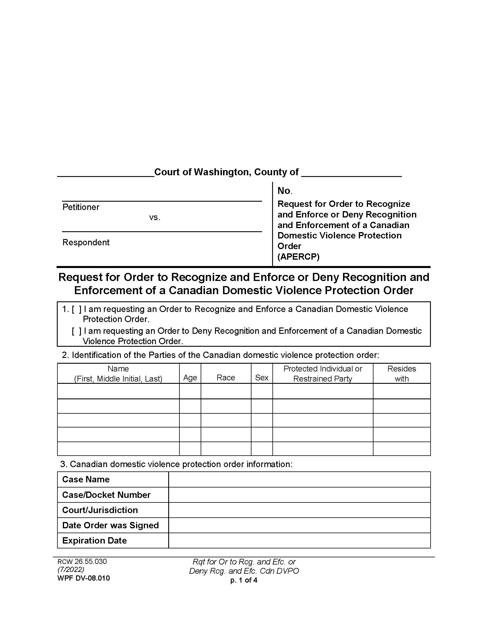 Request For Order To Recognize Enforce Canadian DV Protection {DV-8.010} | Pdf Fpdf Docx | Washington