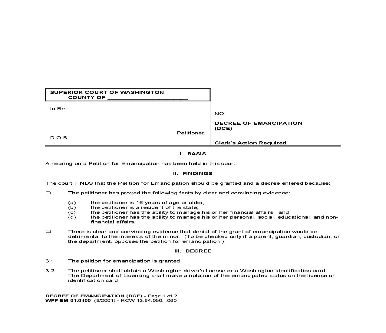 Decree Of Emancipation {EM 01.0400} | Pdf Fpdf Doc Docx | Washington