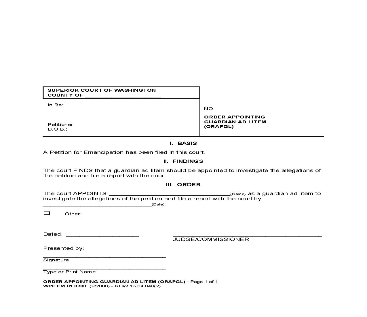 Order Appointing Guardian Ad Litem {EM 01.0300} | Pdf Fpdf Doc Docx | Washington