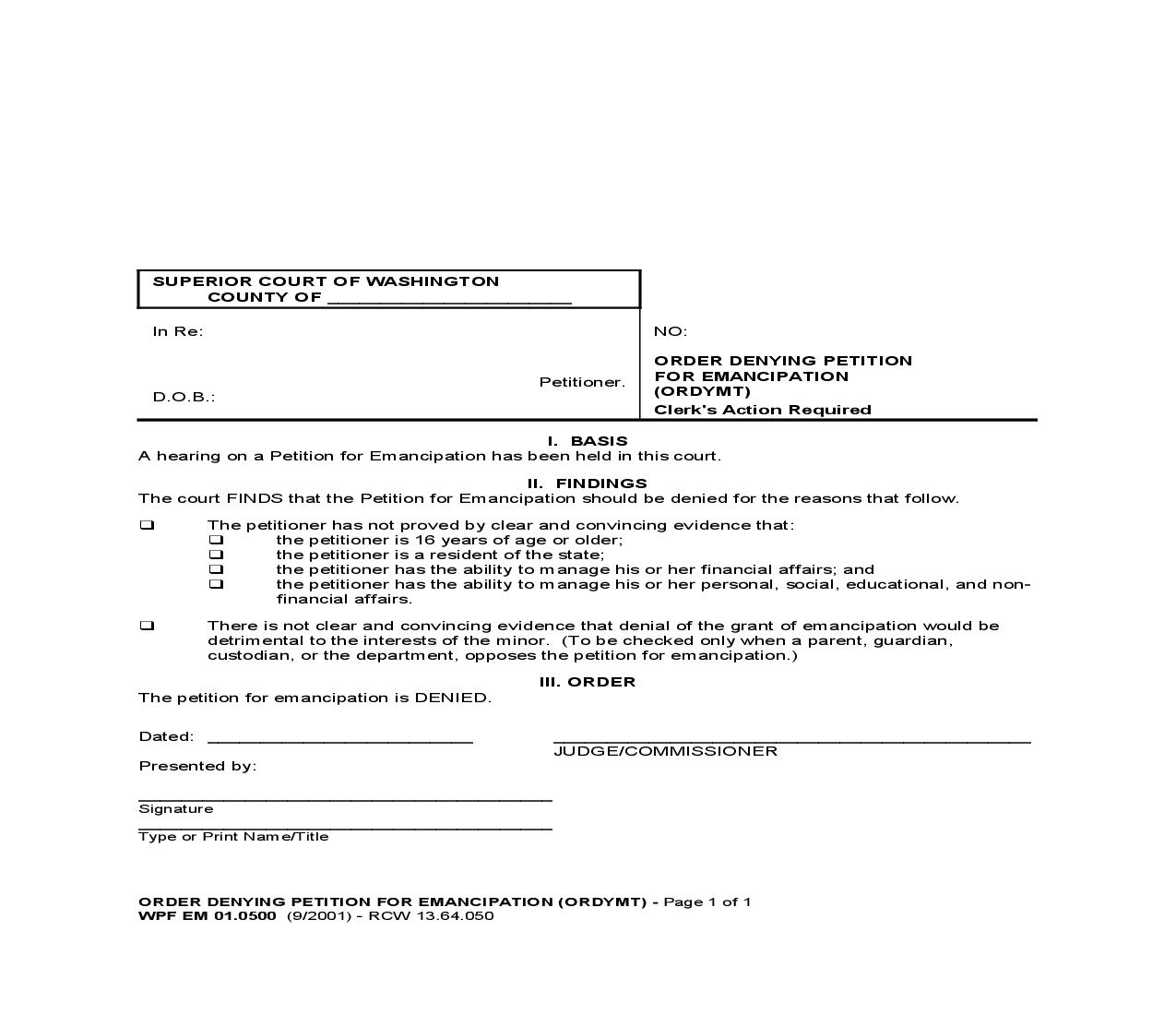 Order Denying Petition For Emancipation {EM 01.0500} | Pdf Fpdf Doc Docx | Washington